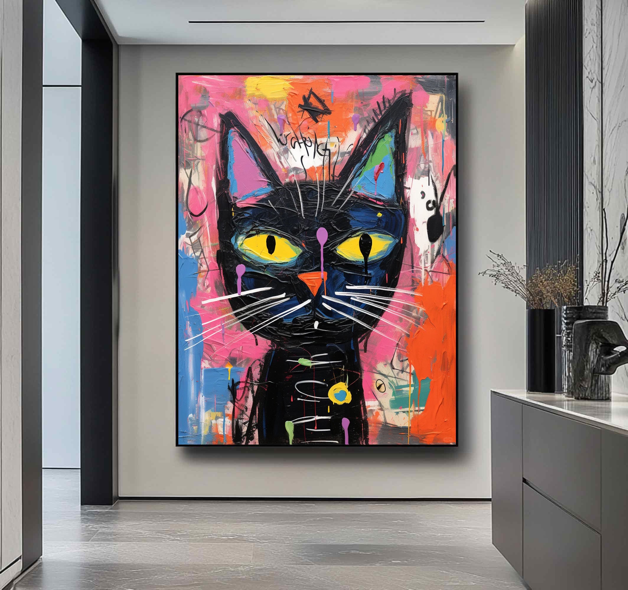 Colorful Pop Art Cat Canvas Modern Street Art Cat Urban Art Cat Decor