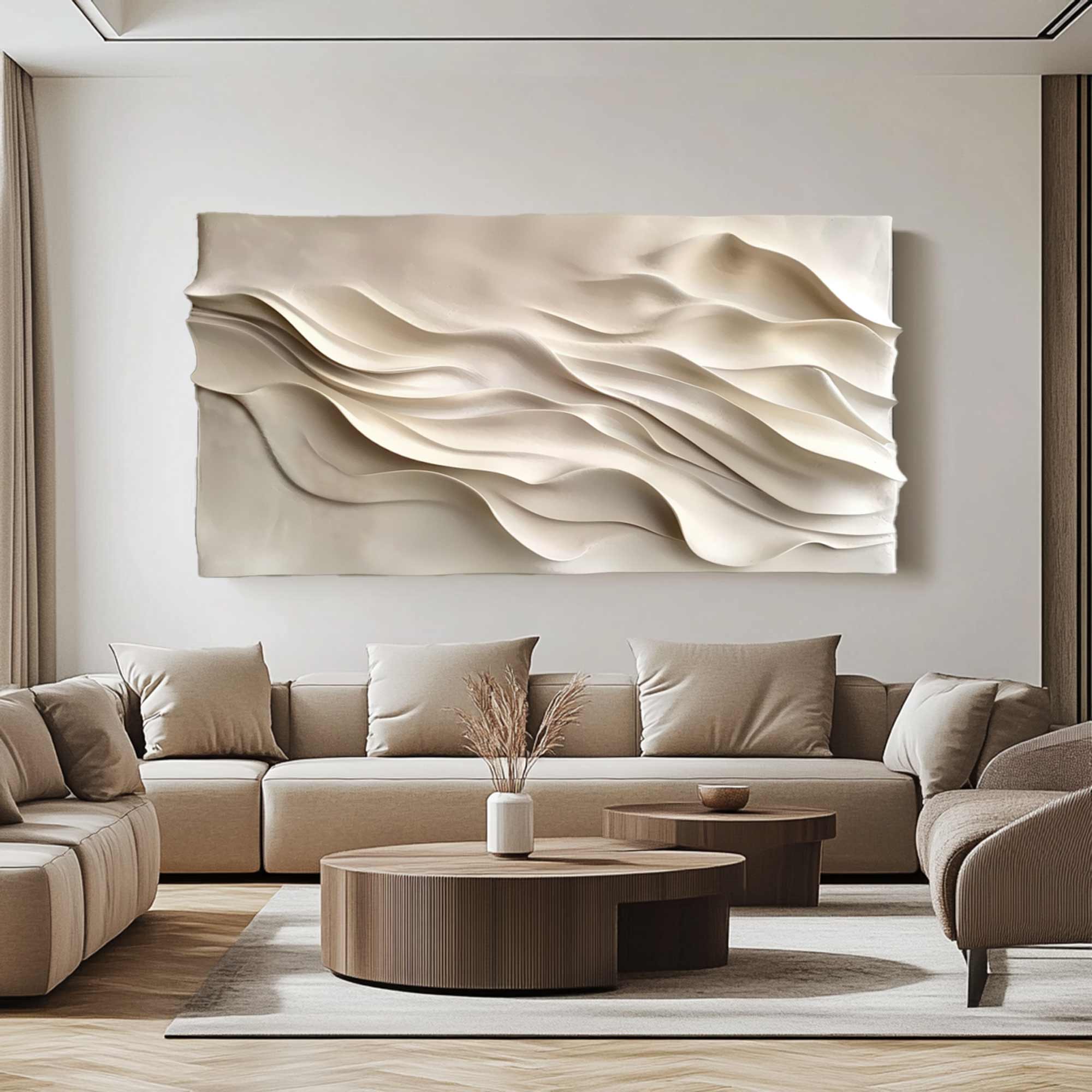 beige Textured Sculpture wall art Hand-Painted Wood Carving Wall Art 