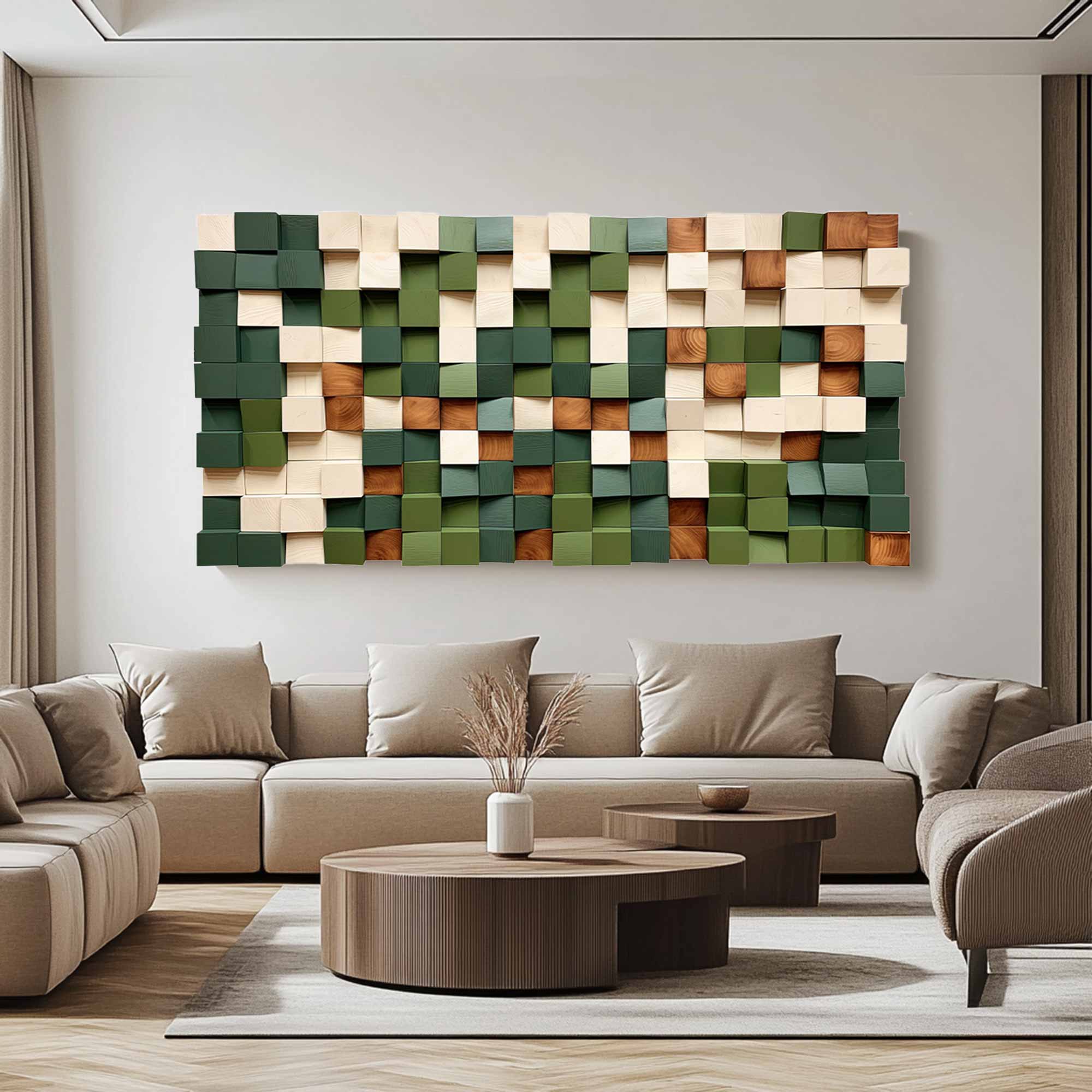 Green Geometric Wood Art Textured Wall Sculpture Wood carving wall art