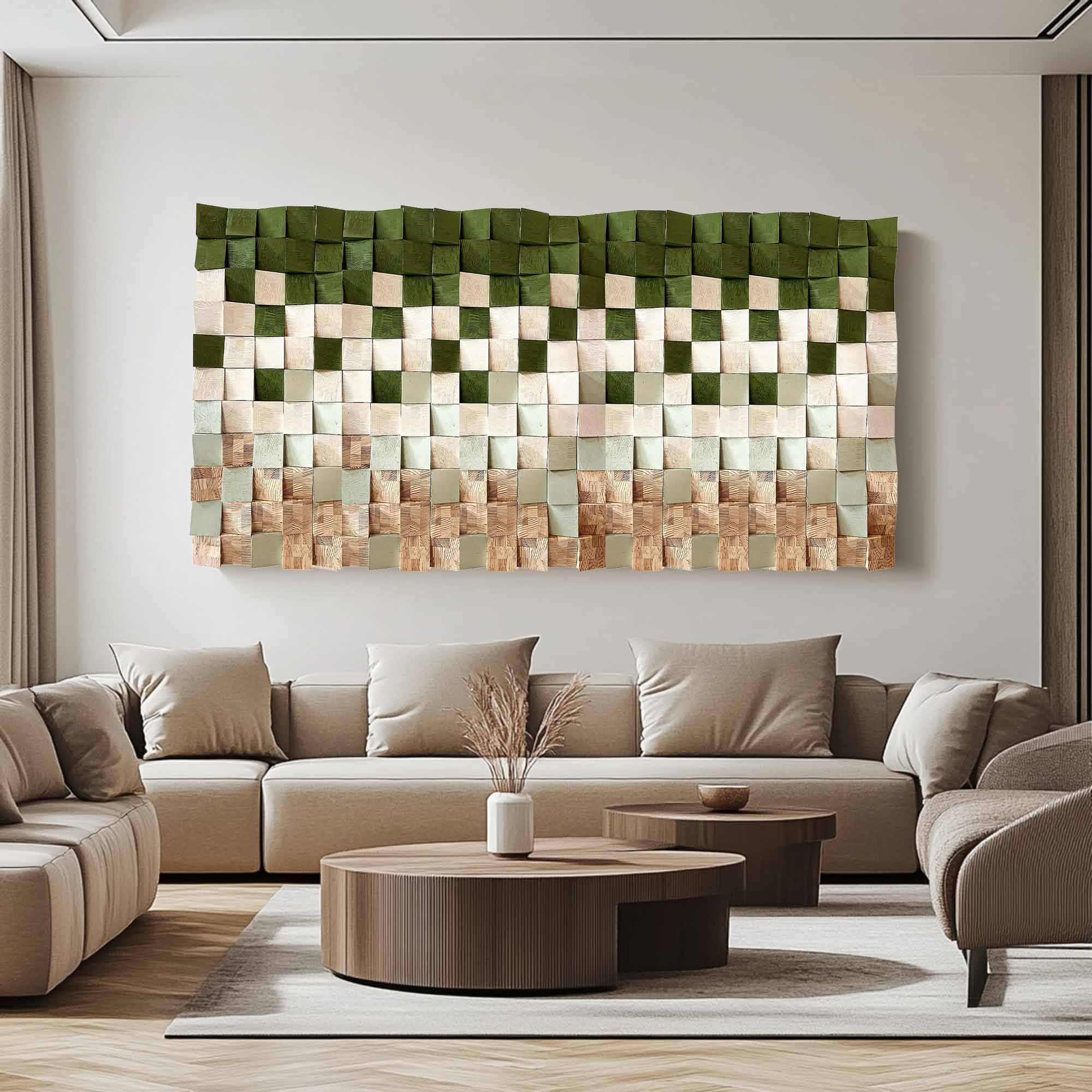 Green Geometric Wood Art Textured Wall Sculpture Wood carving wall art