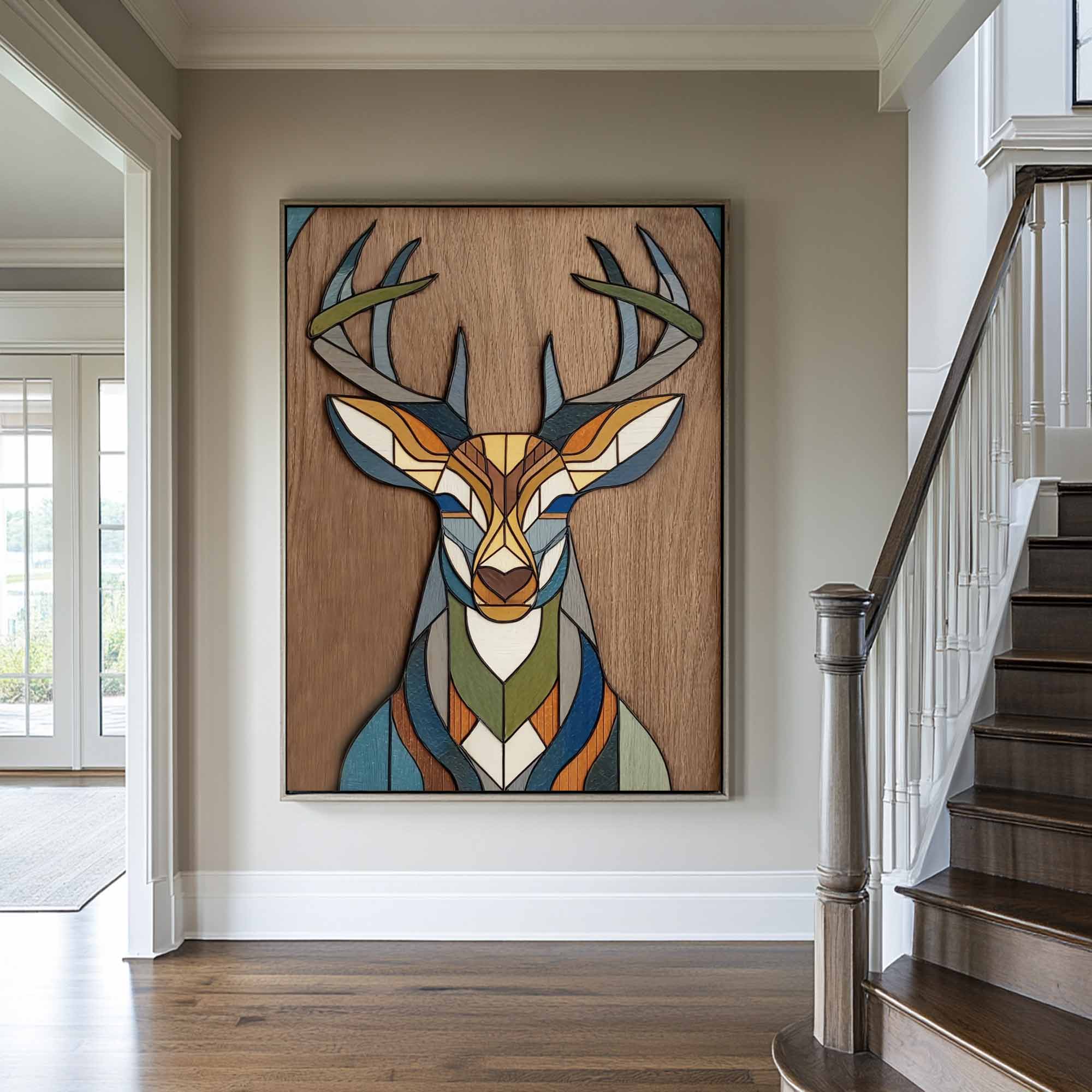colorful Abstract wooden deer art Living room geometric deer decor