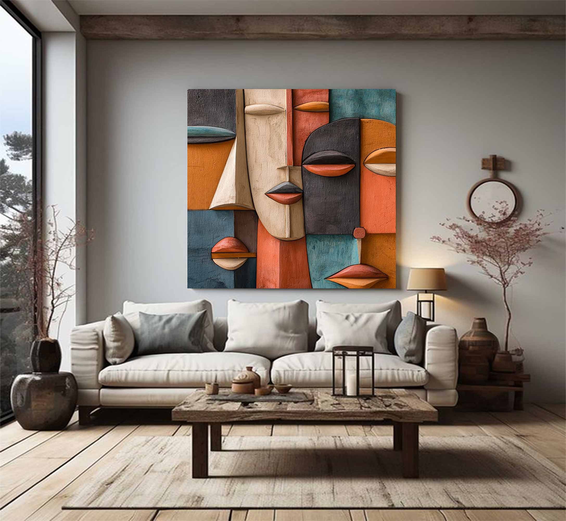 Hand-Painted Wood Carving Wall Art face Abstract 3D Textured Sculpture