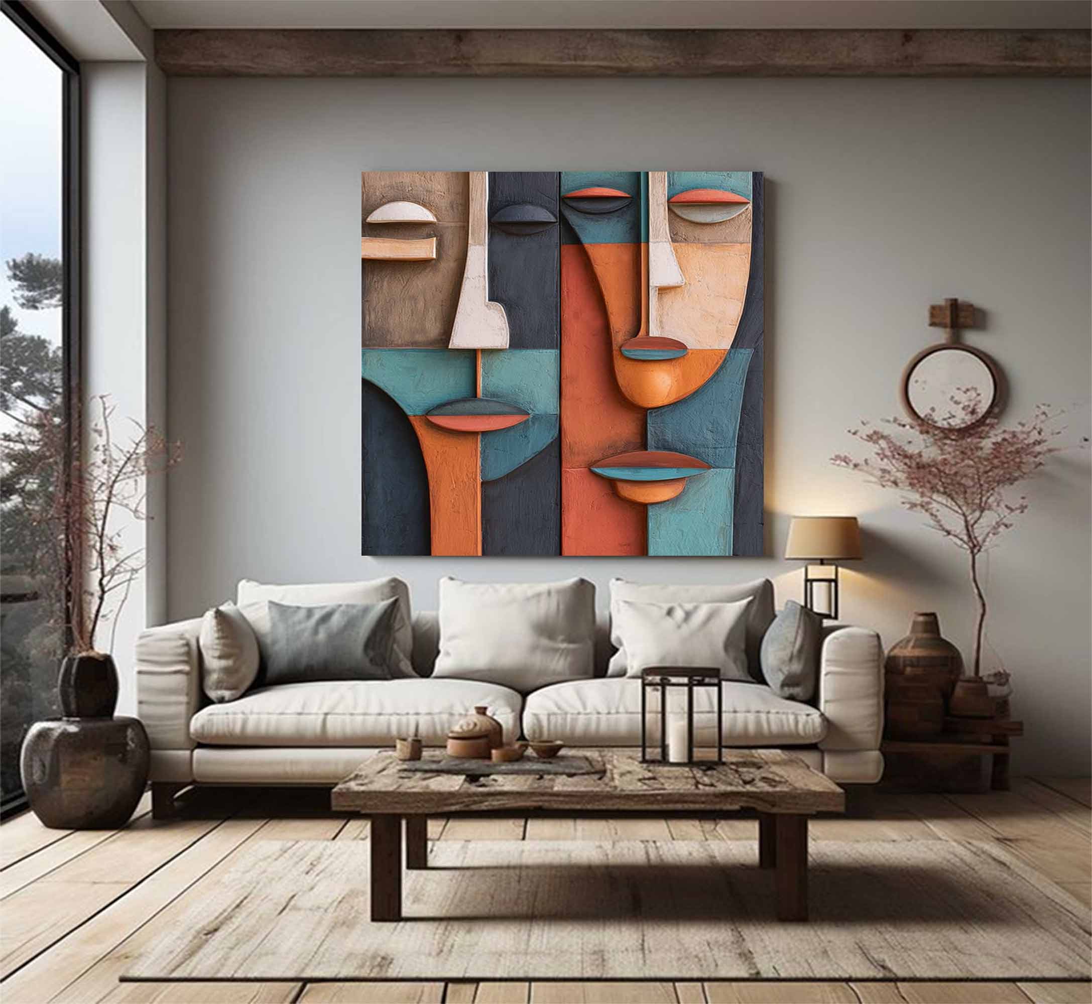 face Abstract 3D Textured Sculpture Hand-Painted Wood Carving Wall Art