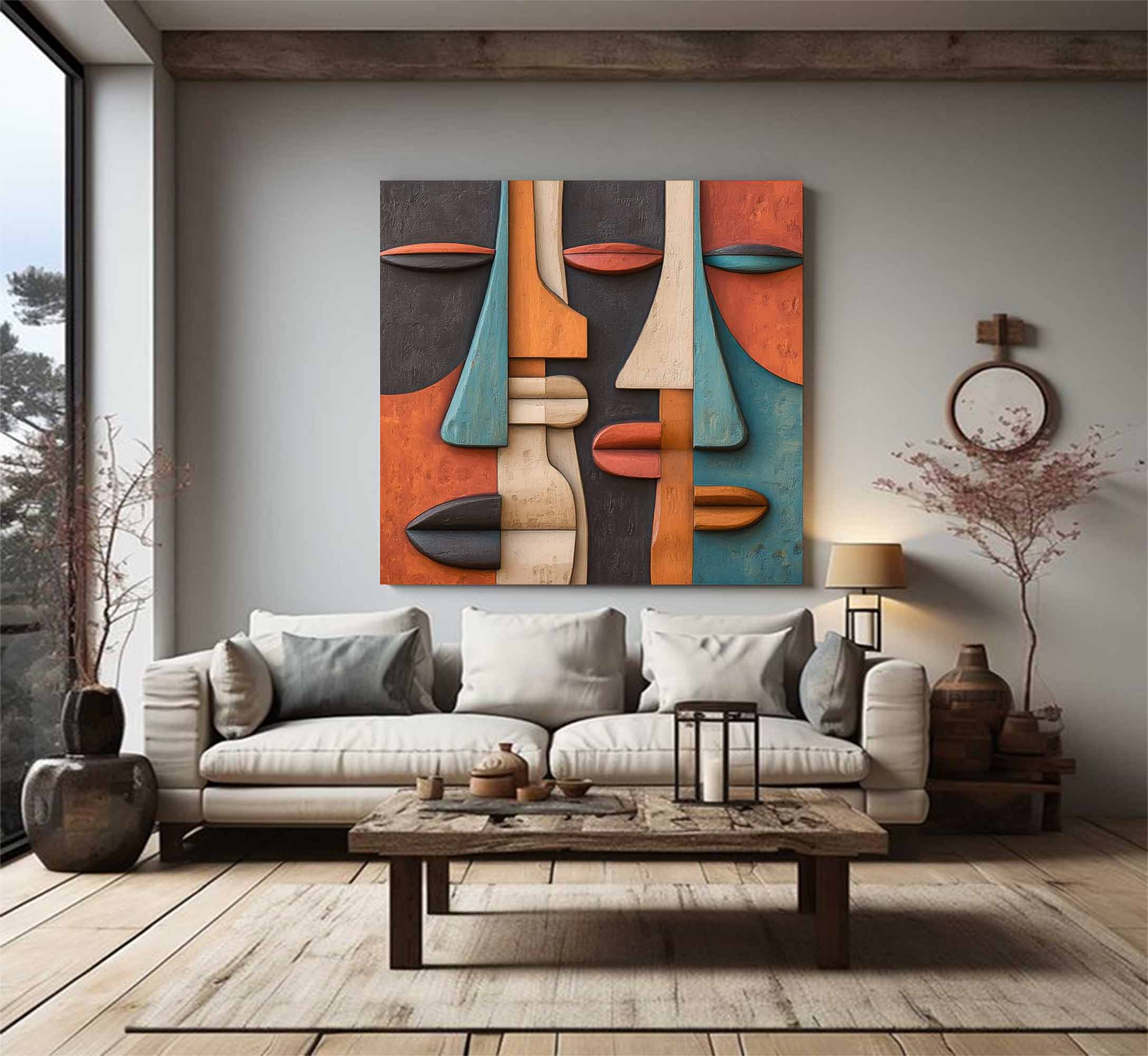 face Abstract 3D Textured Sculpture Hand-Painted Wood Carving Wall Art