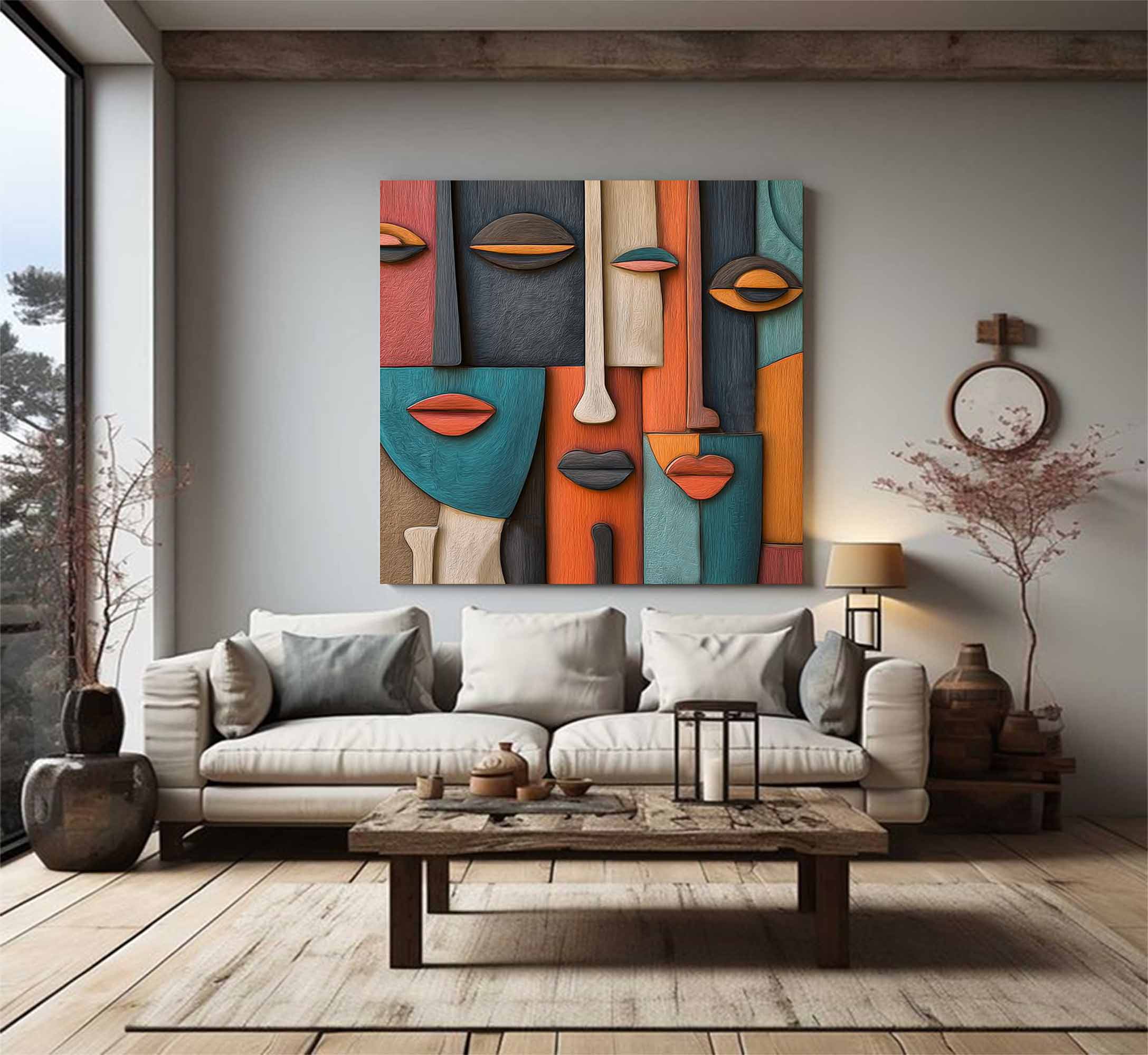 Hand-Painted Wood Carving Wall Art face Abstract 3D Textured Sculpture