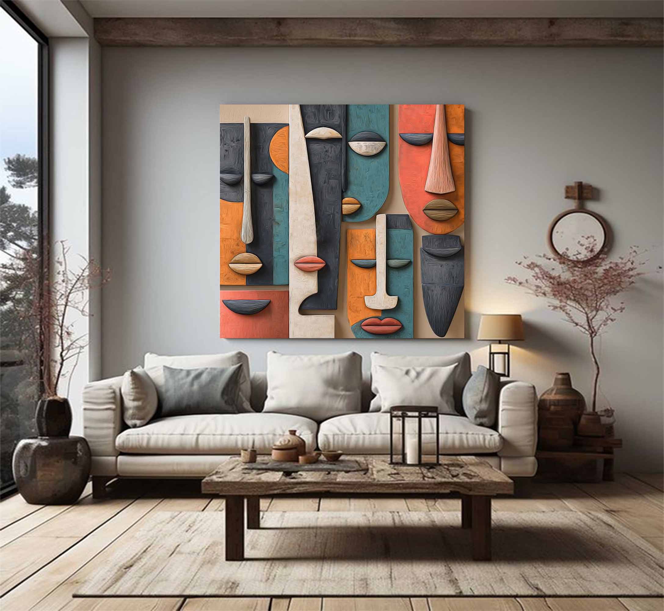 Hand-Painted Wood Carving Wall Art face Abstract 3D Textured Sculpture