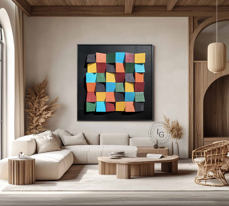 Colorful wood wall Textured Art Colorful Wood collage decor painting