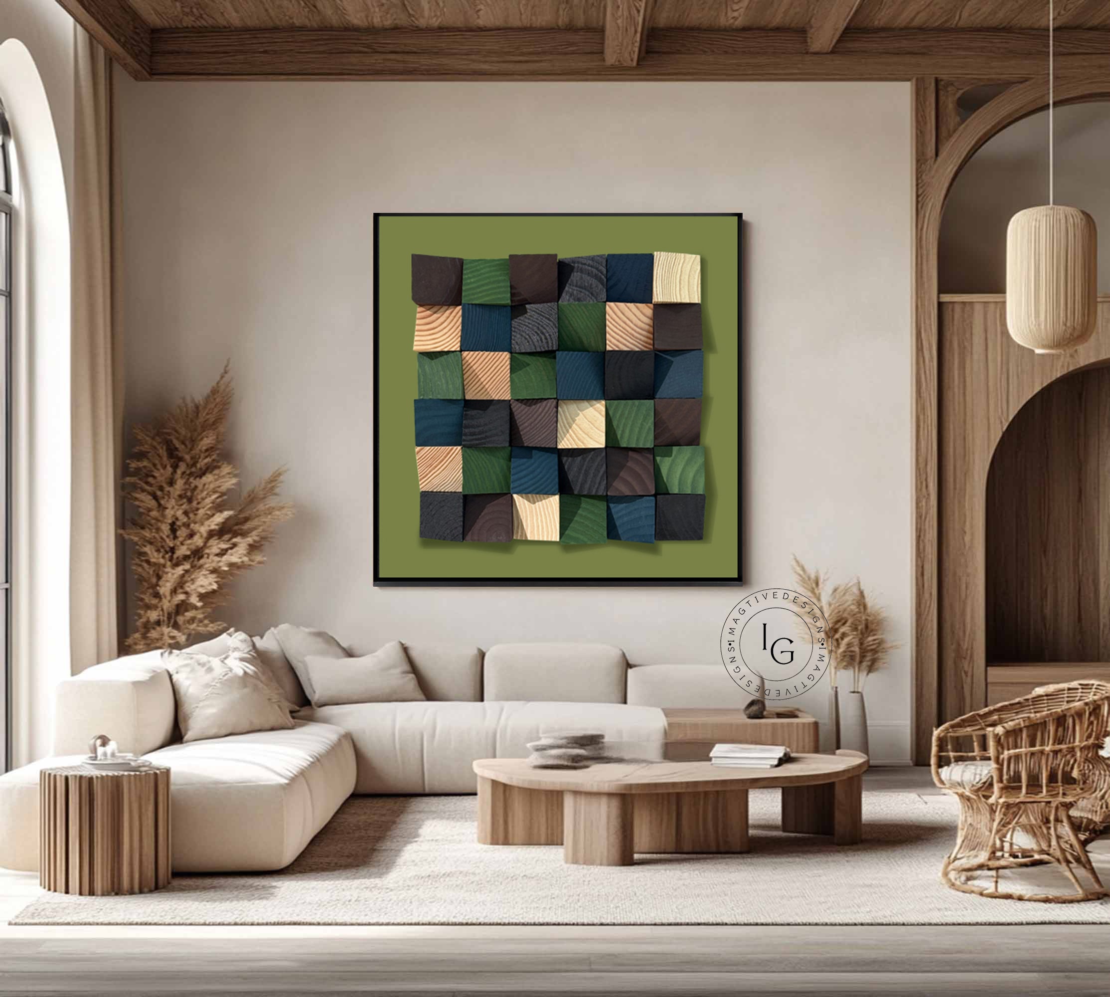 Green wood wall Textured Art Colorful Wood collage decor painting