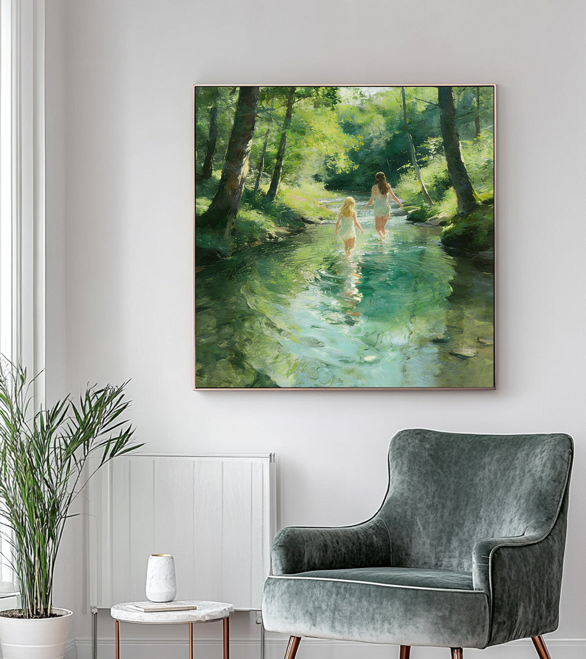 Hand-Painted Summer Lakeside Landscape Art large Green Landscape painting 