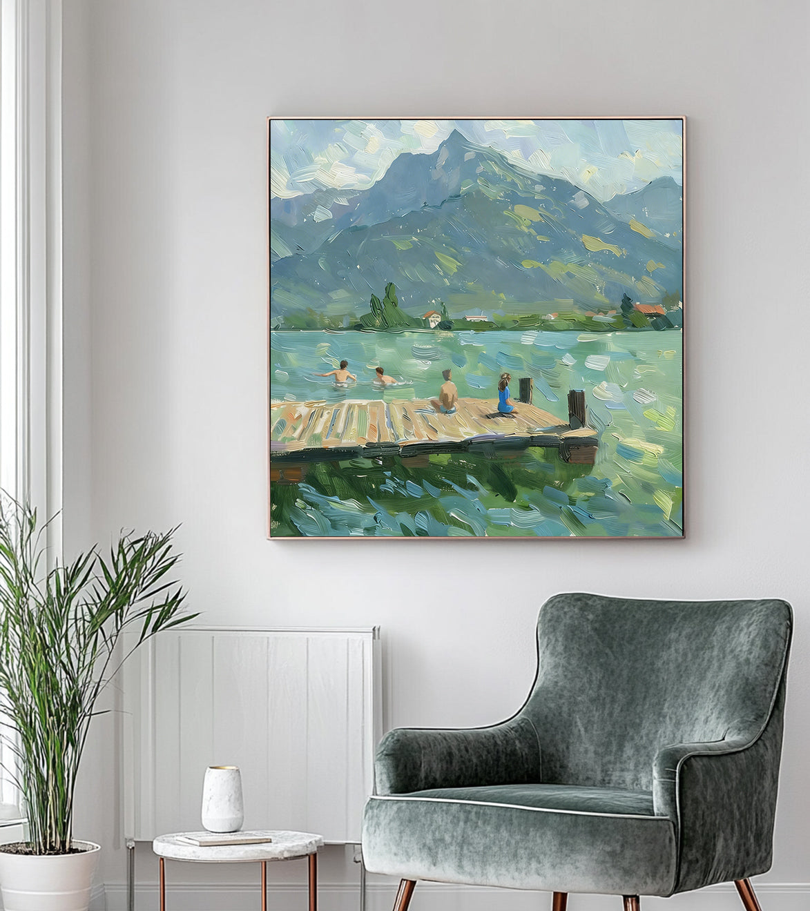 large Green Hand-painted oil painting Serene water landscape decor