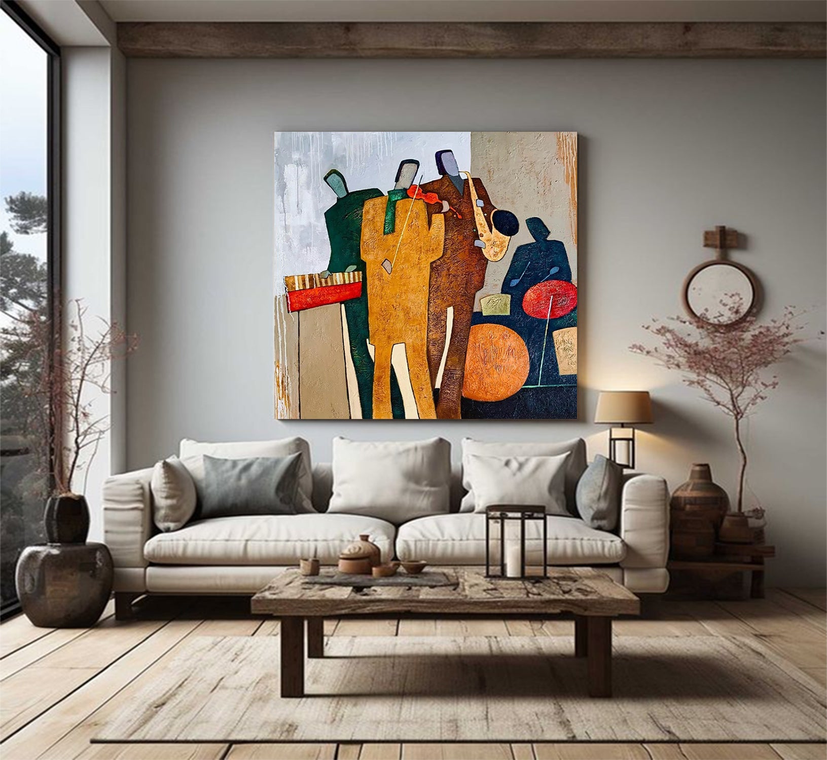 Mid-Century Modern Jazz Band Palette Knife Oil Painting - Abstract Musicians Wall Art