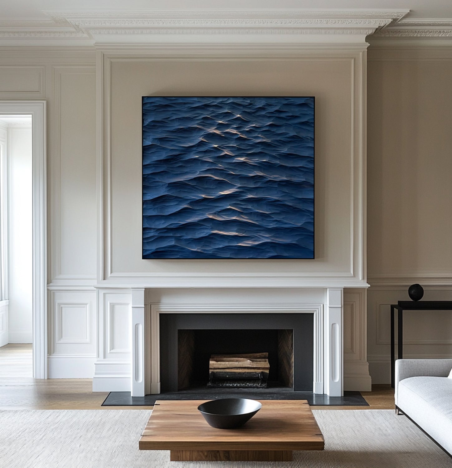 Sculptured wall art Wood carving wall art blue ocean wave texture art 