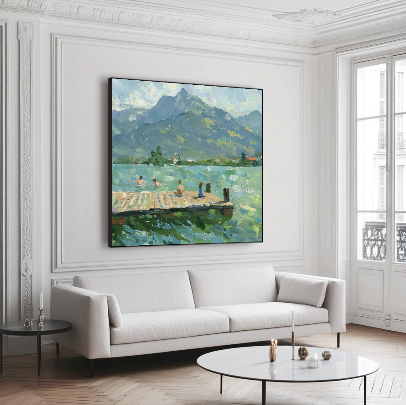 large Green Hand-painted oil painting Serene water landscape decor