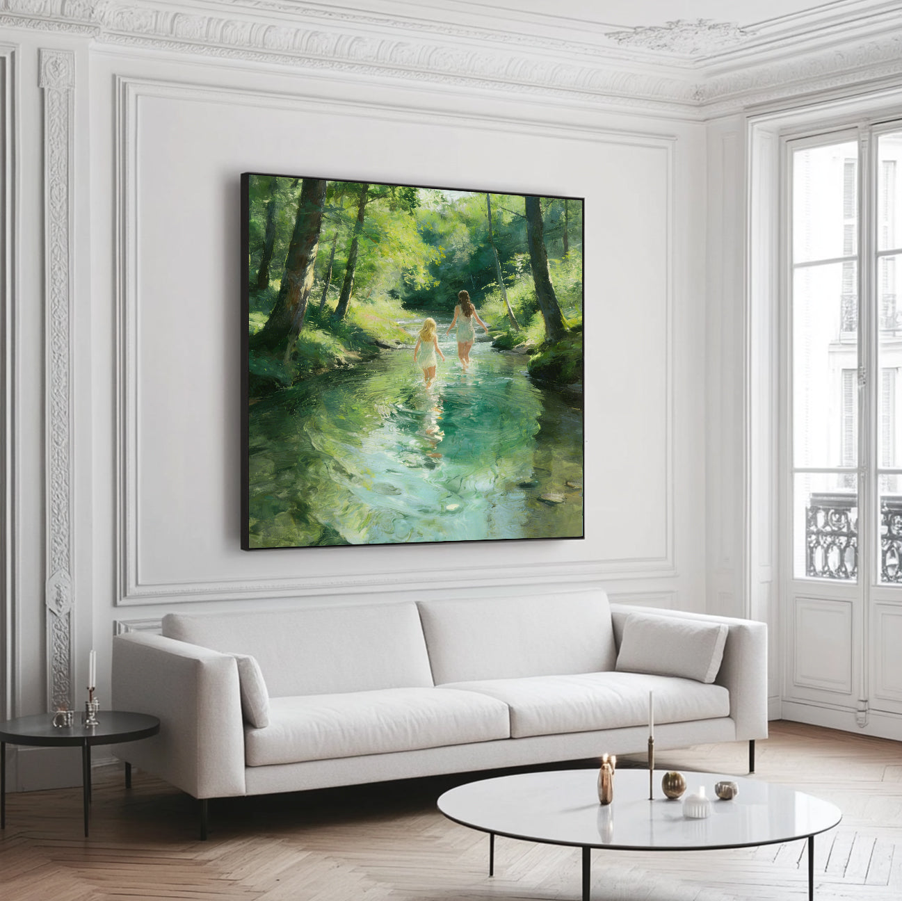 Living room with a large painting of two people by a lake on a white wall above a sofa.