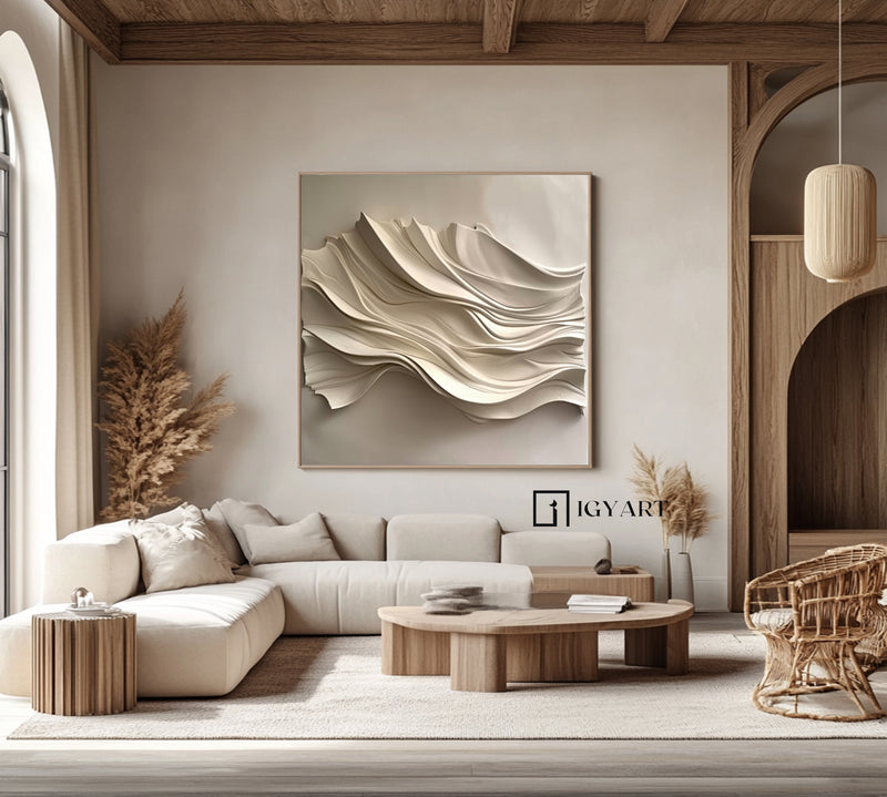 Wood carving wall art Beige Sculptured art 3D Textured Wall Decor 
