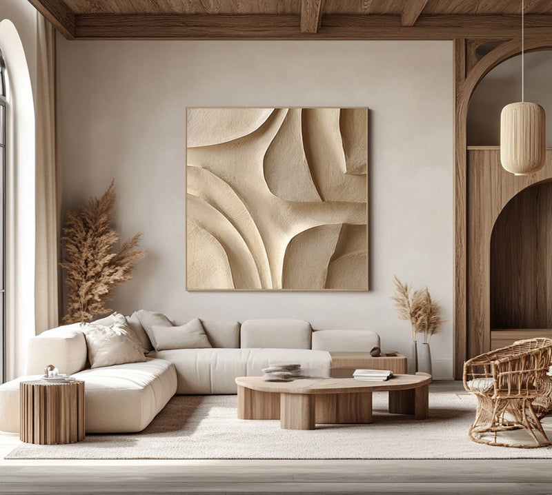 Wood carving wall art Beige Sculptured art Wooden wall decor