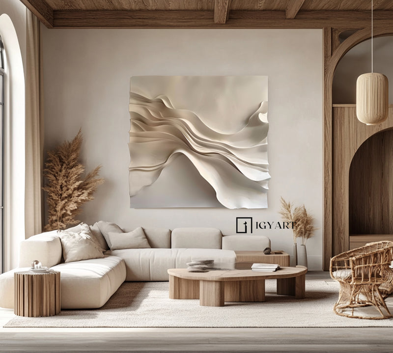 Wood carving wall art Beige Sculptured art 3D Textured Wall Decor 