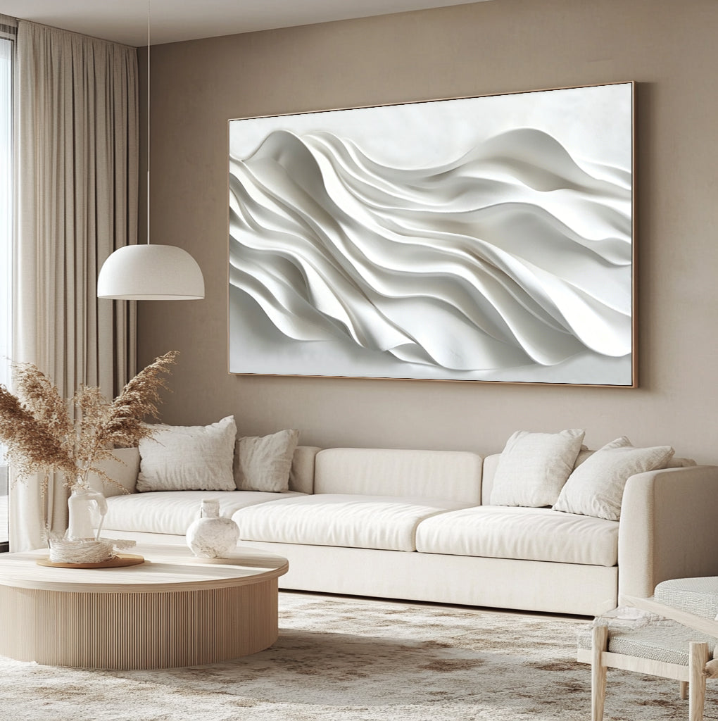 Large 3D Wave Wood Carving Wall Art Hand-Sculpted White Abstract Panel for Living Room Decor