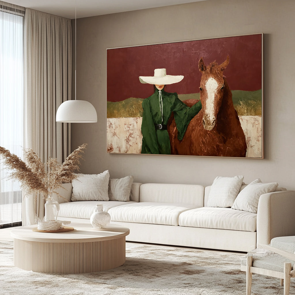 Modern Woman and Horse Painting Earthy Tones Boutique Hotel Art  