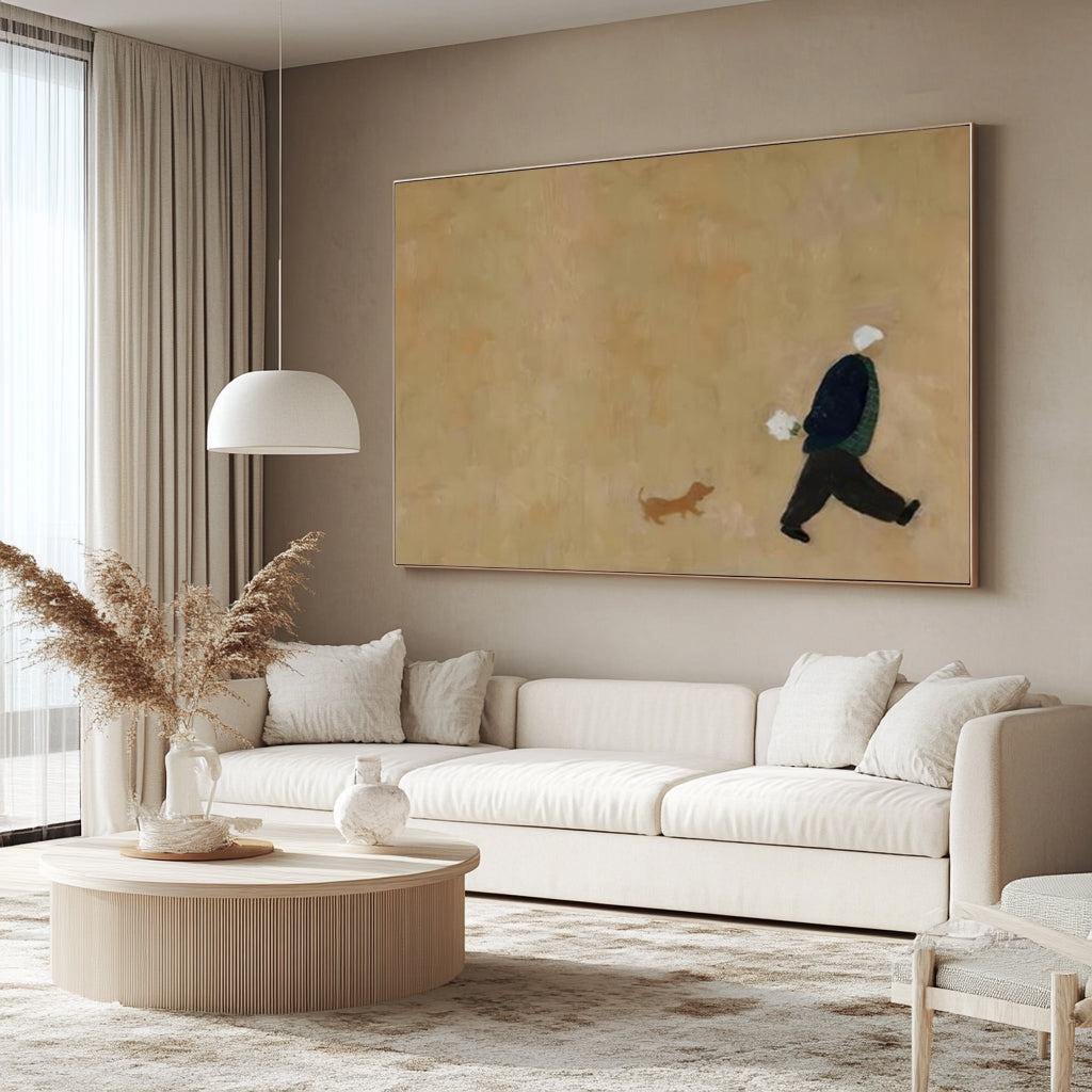 Man and Puppy Walking oil Painting Beige Minimalist Wall Art