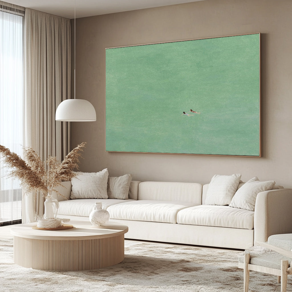 green abstract art two girls swimming painting green texture wall art