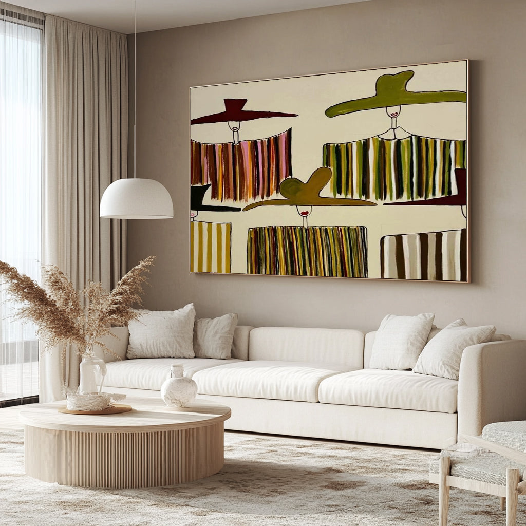 Hand-painted textured women in hats painting Minimalist olive green abstract figurative art