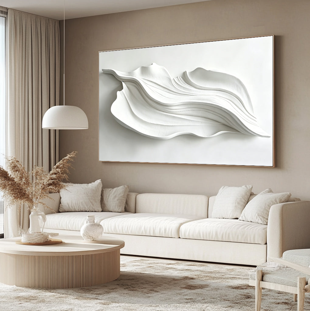 Large White 3D Abstract Wood Wall Art – Organic Flowing Carved Panel – Contemporary Japandi Style