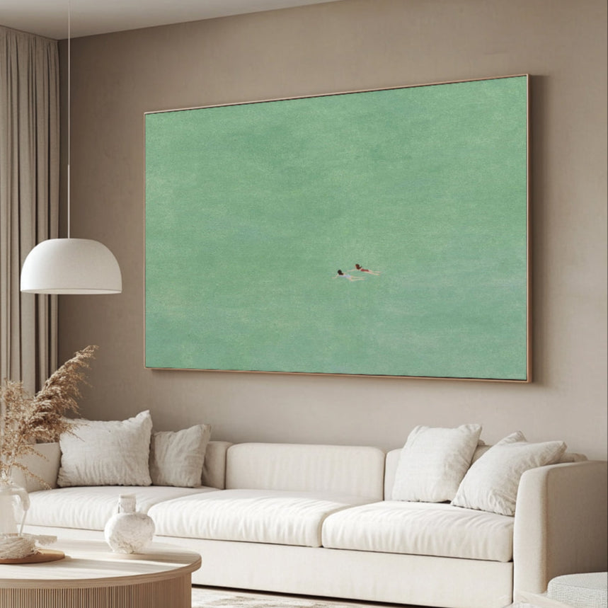 green abstract art two girls swimming painting green texture wall art