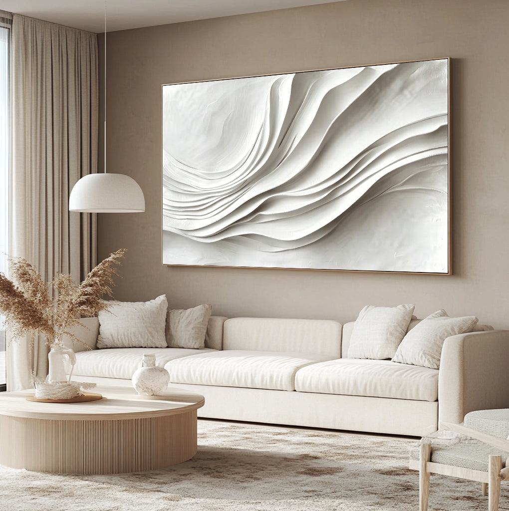 Large White 3D Textured Flowing Wave Wall Art - Modern Minimalist Wood Relief Painting for Living Room