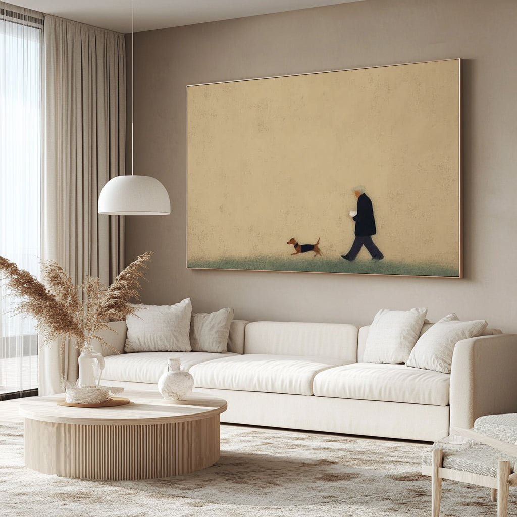 Man and Puppy Walking oil Painting Beige Minimalist Wall Art
