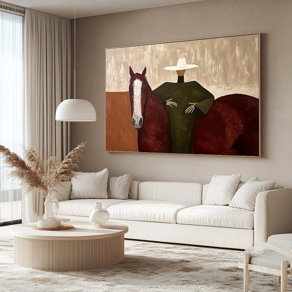 Modern Woman and Horse Painting Wabi-sabi Luxury Living Room Decor