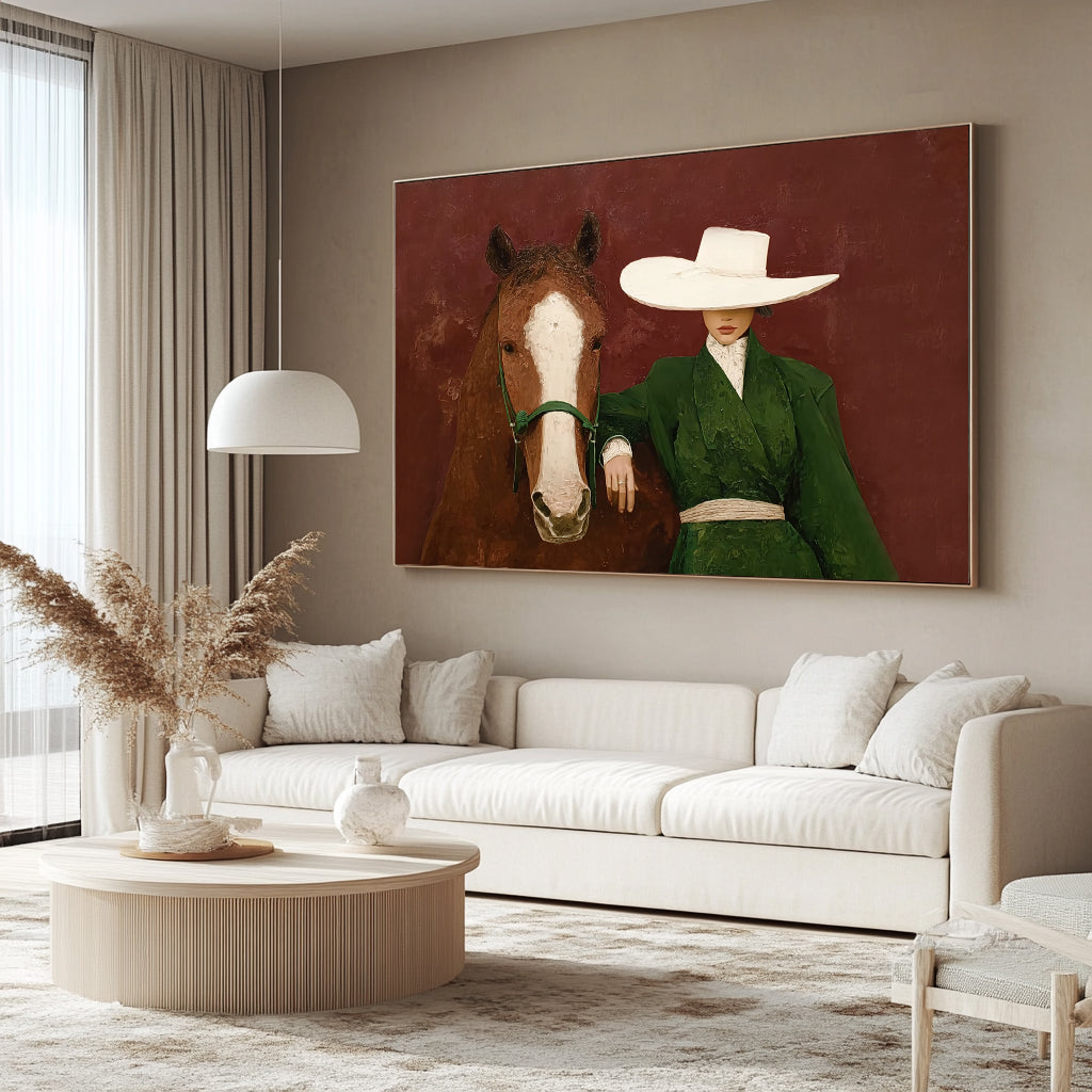 Living room with a large painting of a person in a green coat and white hat with a horse on the wall.