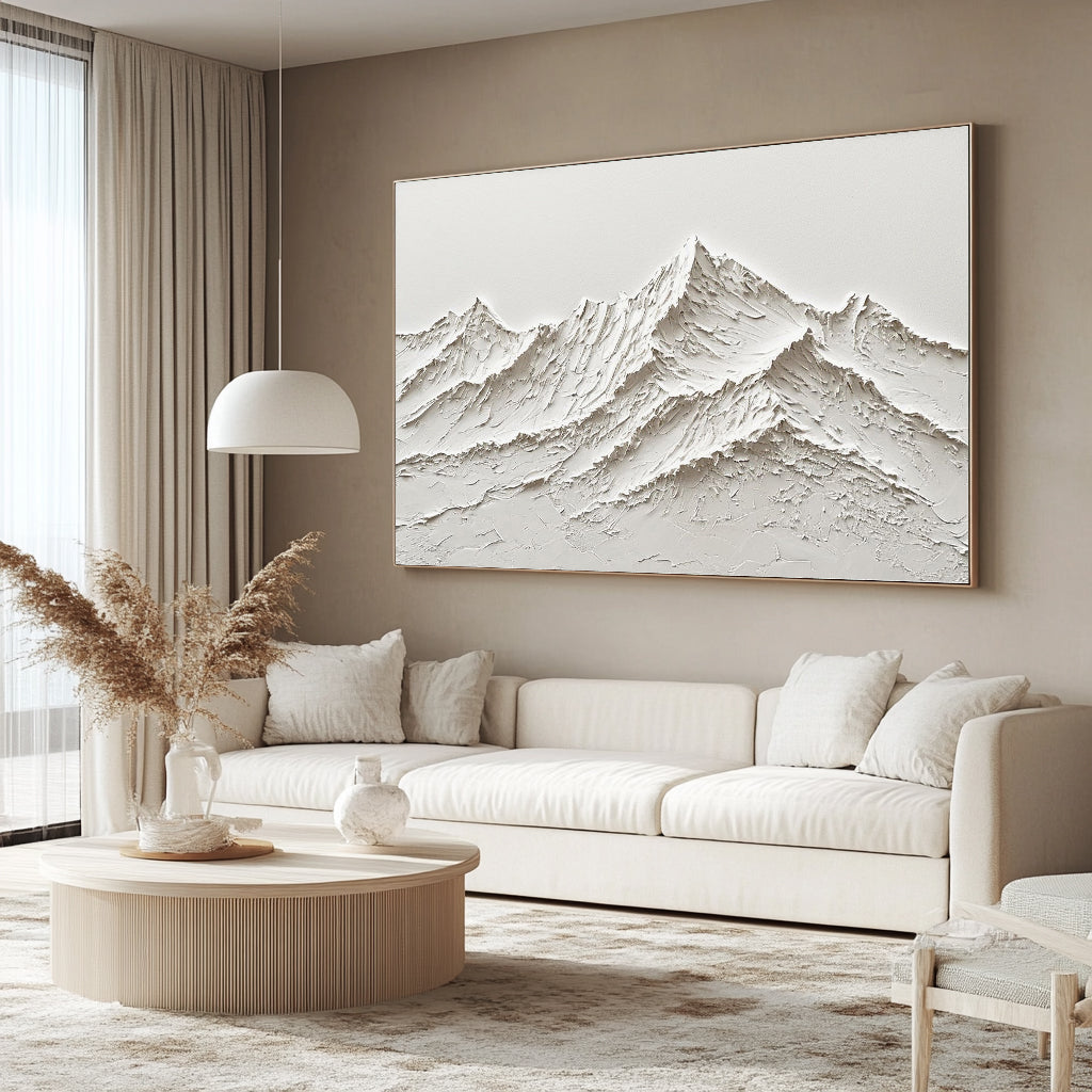 3D White Mountain Plaster Art, Textured Snow Mountain Canvas Painting,Modern Impasto Office Decor
