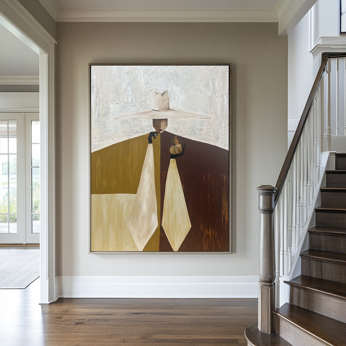 Hand-Painted Mid-Century Modern Abstract Portrait - Earthy Wall Art