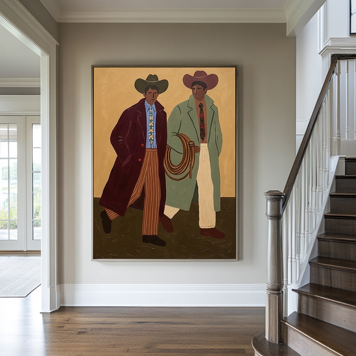 Abstract Cowboys Art , Mid-Century Modern Two Men Walking Painting, Earth Tone Boho Wall art