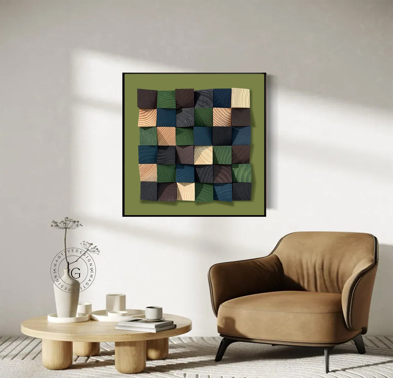 Green wood wall Textured Art Colorful Wood collage decor painting