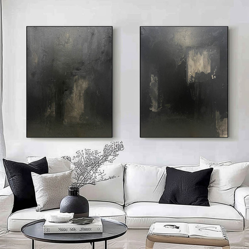 Set of 2 Black Wall Art Hallway Art Canvas Set of 2 Black Minimal Canvas Art Set of 2 Black Black Wabi-Sabi Wall Art