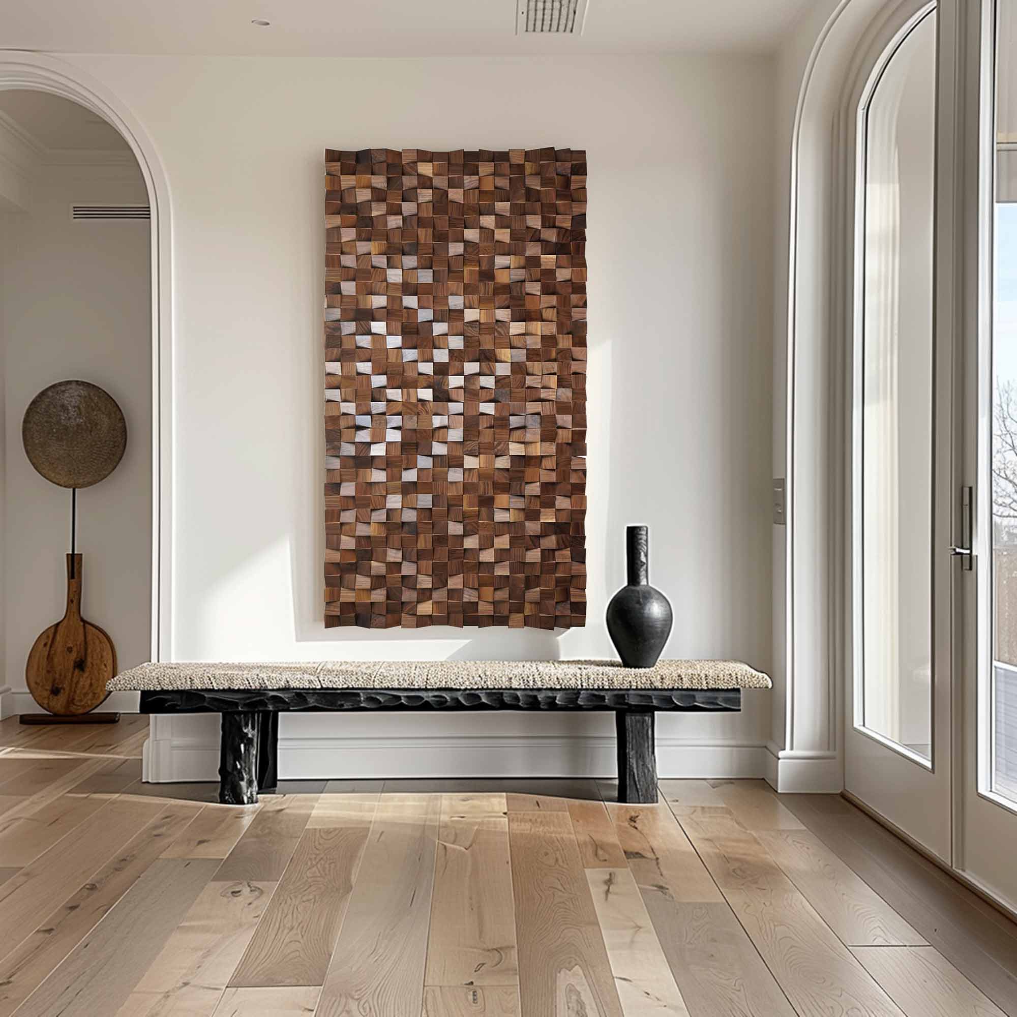 Hand-Painted Brown Wood Carving Wall Art: Geometric Wood Decor Art