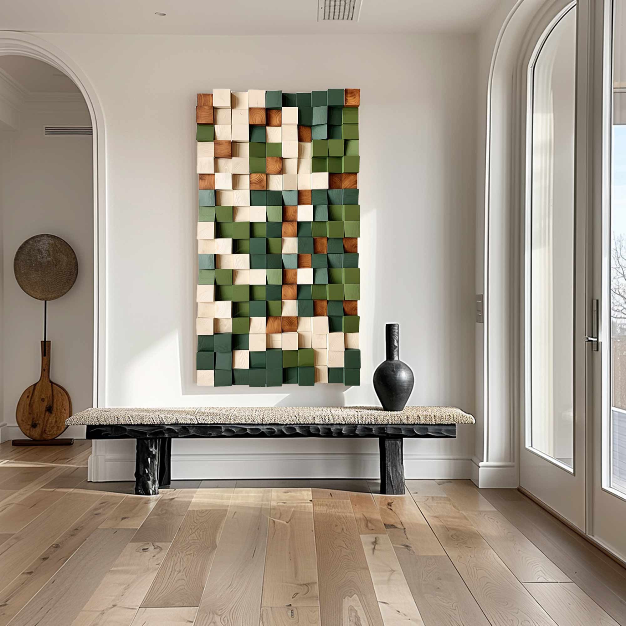 Green Geometric Wood Decor Art Textured Wall Sculpture Decor Painting