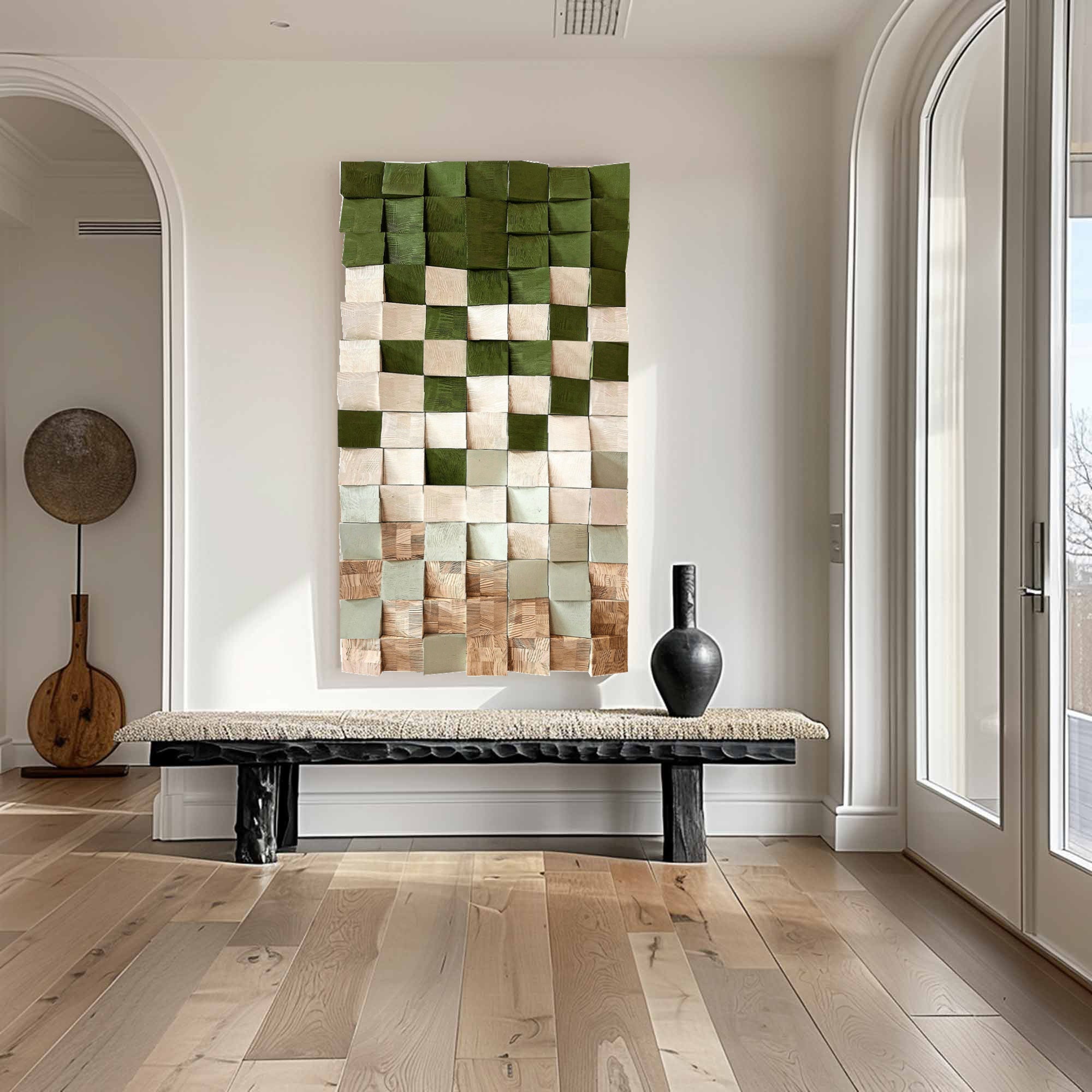 Green Geometric Wood Art: Textured Wall Sculpture Decor art Painting