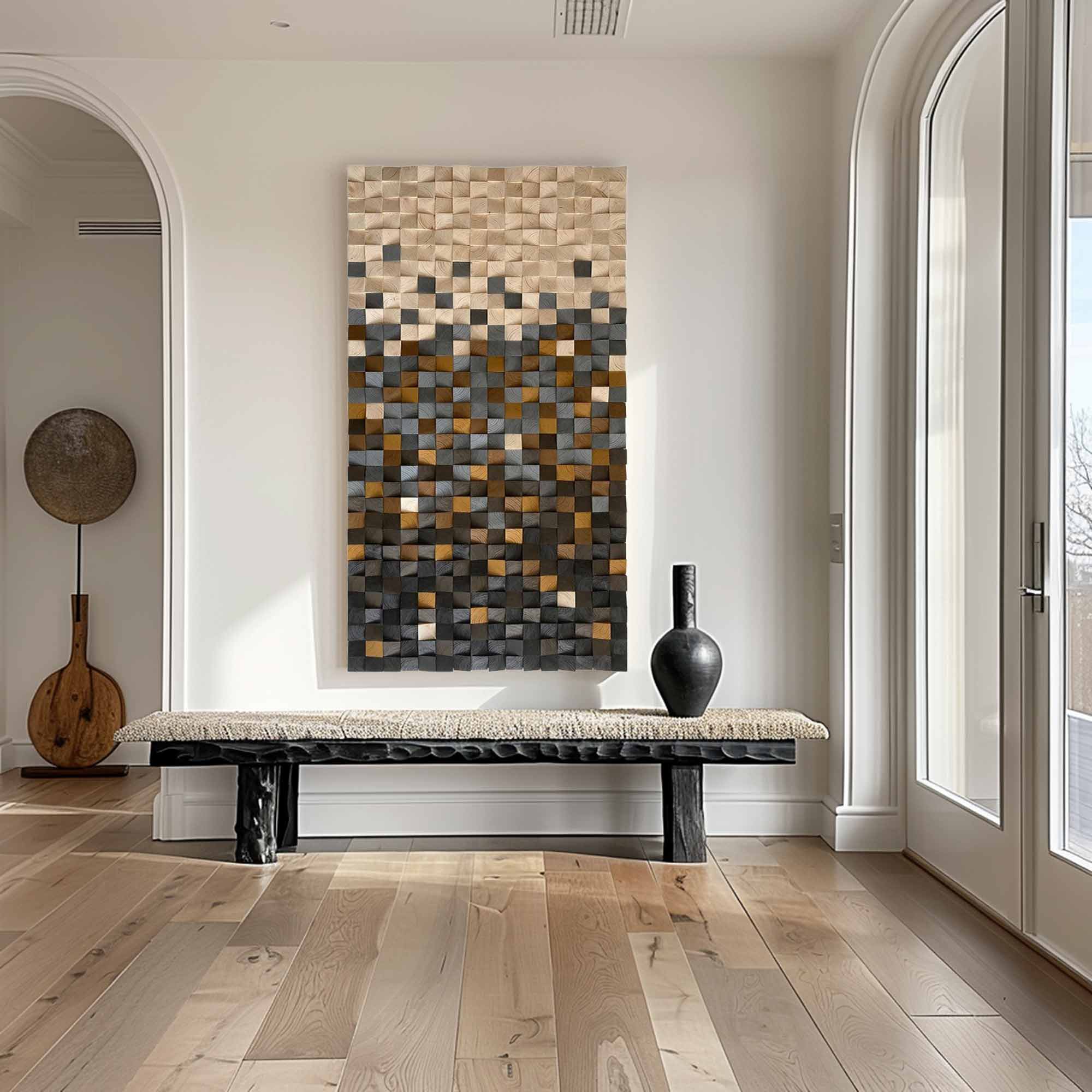Hand-Painted Wood Carving Wall Art: Geometric Wood Decor Art