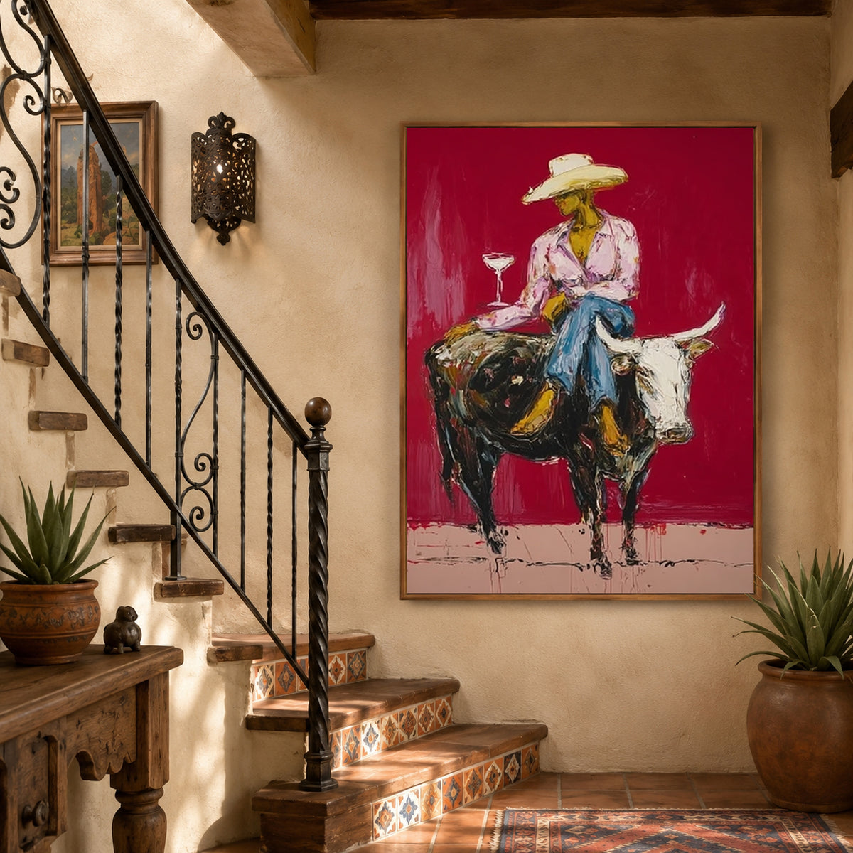 Cowgirl Wall Decor Cowgirl On Longhorn Hand-Painted Oil Painting In Deep Red | Western Wall Art