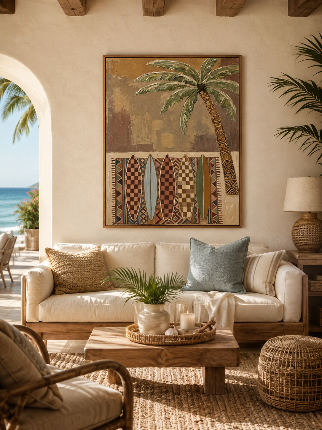 Bohemian Surfboard Painting With Palm Tree For Beach House Living Room Wall Art