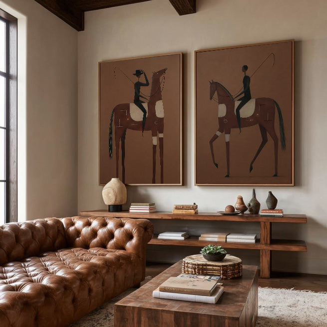 Vintage Brown Horse Painting Set For Modern Equestrian Home Decor