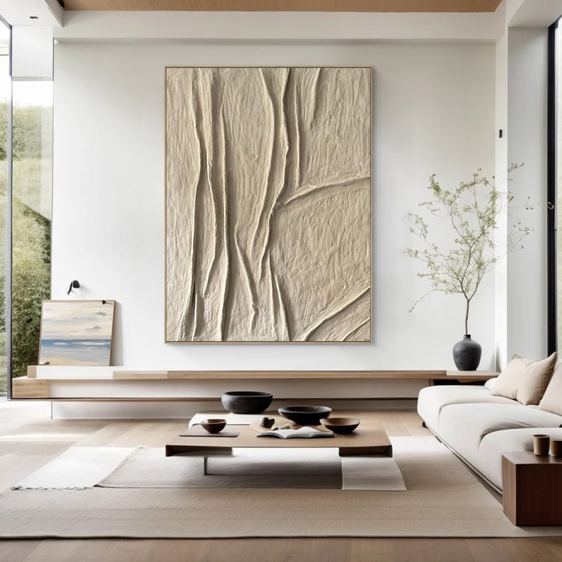 Beige canvas wall art Beige Minimalist Wall Art,Beige 3D Textured Painting,  Large Beige Textured Painting