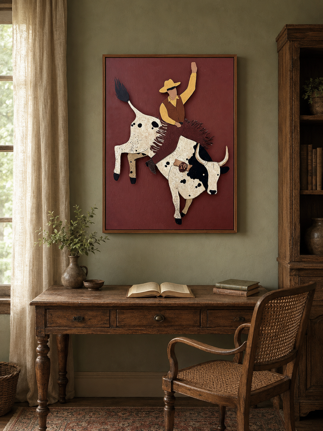 Bold Rodeo Bull Rider Abstract Art For Man Cave Office Wall Decor In Earth Tones