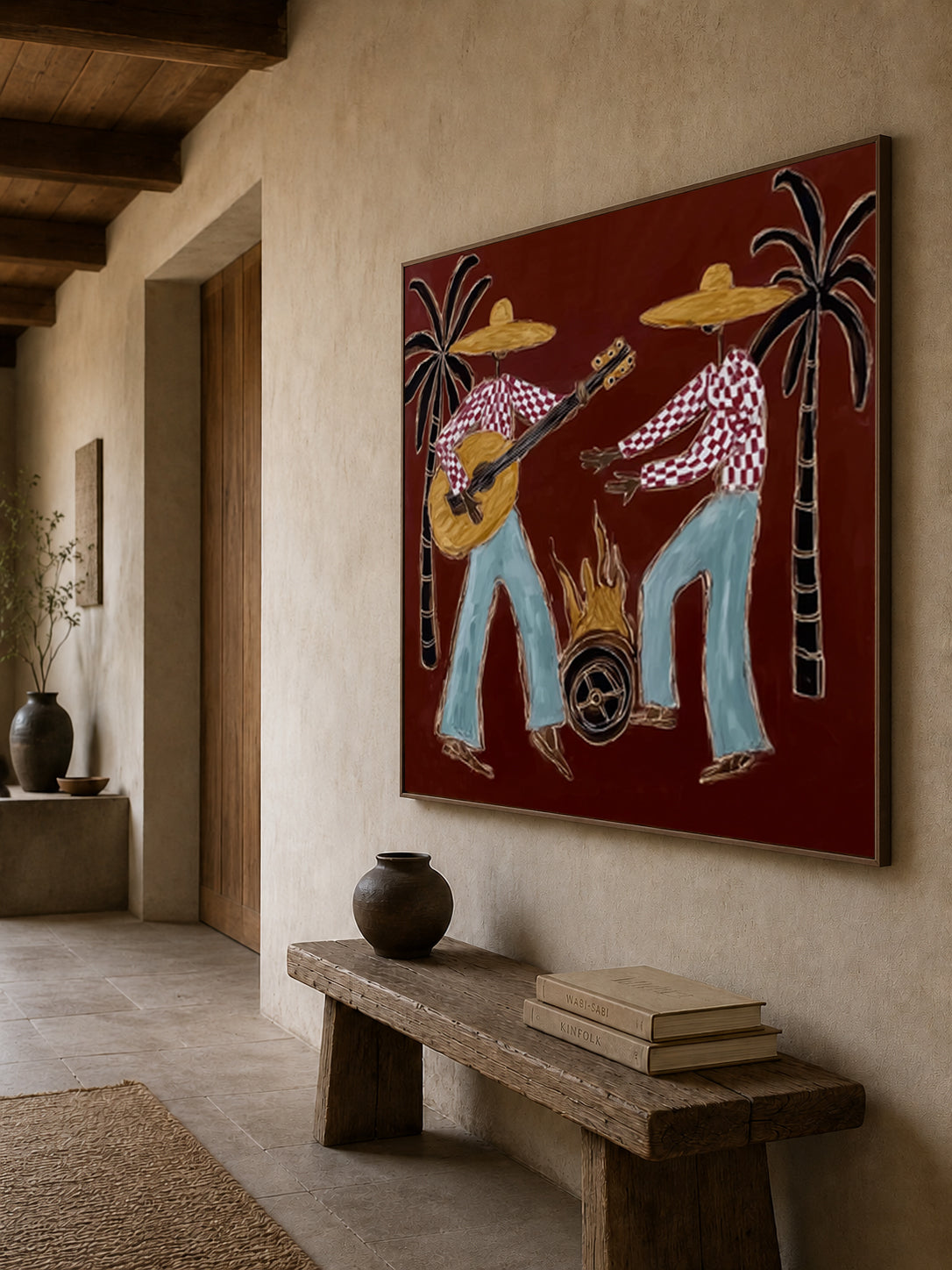 Folk Art Guitarists With Campfire Hand-Painted Canvas Wall Art Red Background Resort Painting