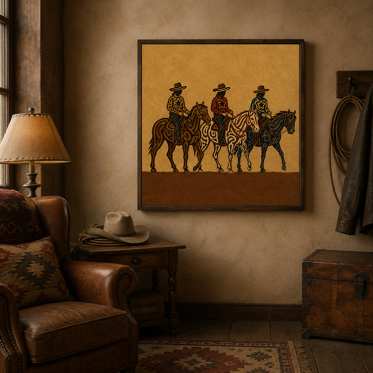 Three Cowboys Horse Painting, Western Ranch Riders, Southwestern Folk Wall Art For Home