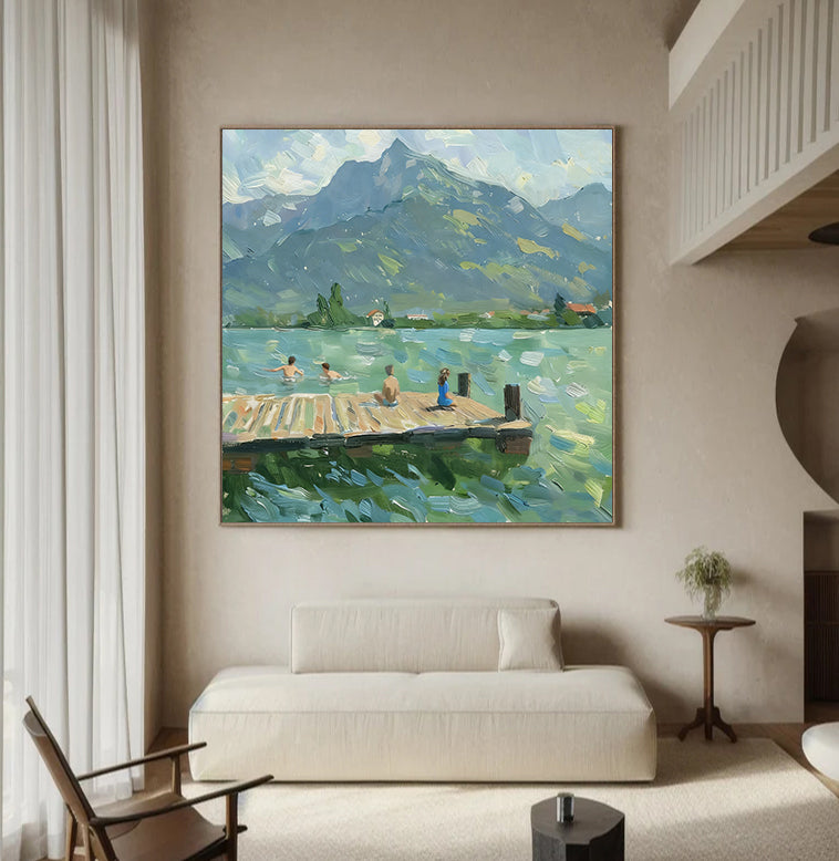 large Green Hand-painted oil painting Serene water landscape decor