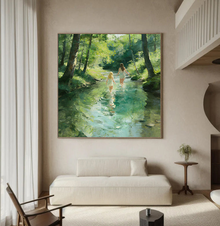Hand-Painted Summer Lakeside Landscape Art large Green Landscape painting 